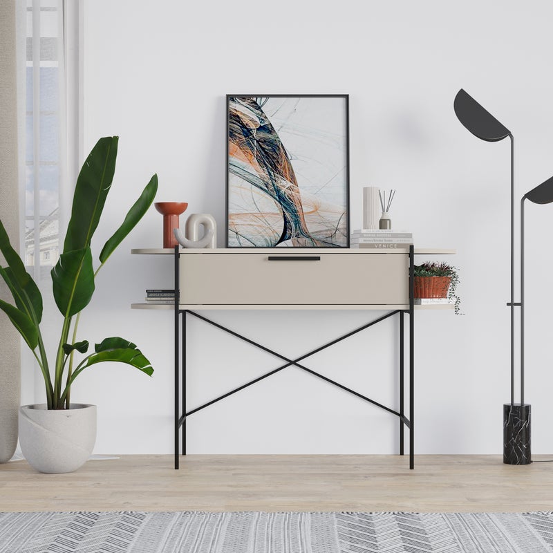 Mourah Home Otis Modern Console Table With Drawer & Open Shelves â€“ Metal Frame Entryway Table For Living Room, Hallway & Bedroom- Beige- 2 Years Warranty - Image 2